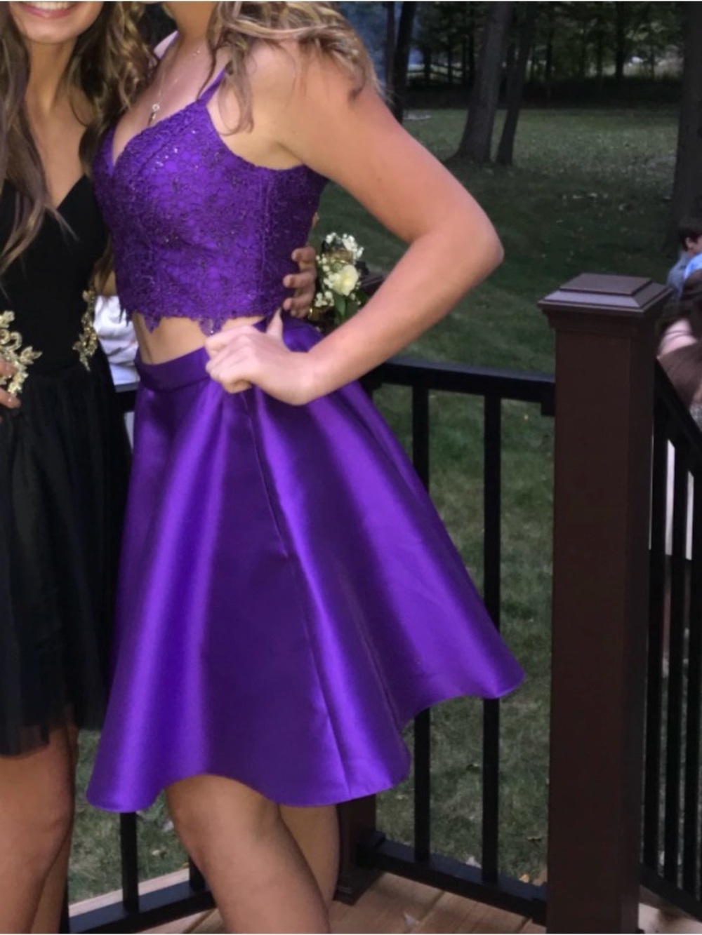 Womens Purple Two-Piece Lace & Satin Homecoming Dress